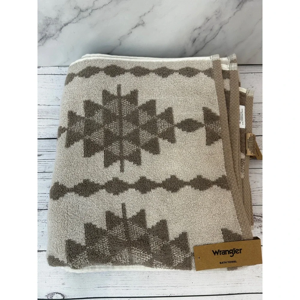 Wrangler Tan Cream Southwestern Geometric Cotton Terry Bath Towel New